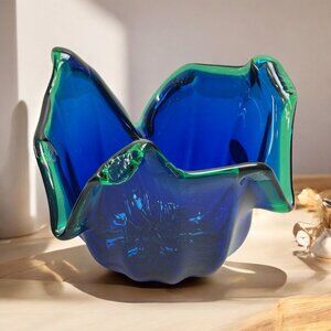 Vintage Italian Murano Style Art Glass Bowl, Cobalt Blue, Green Crest Edge 8"